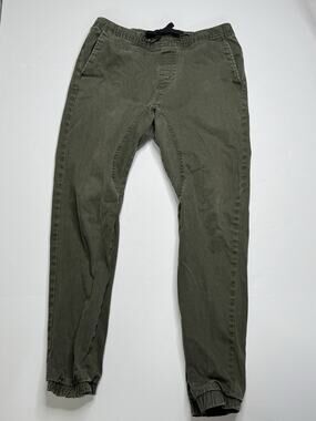 WT02 Men’s Jogger Pants Small Olive Green Stretch Cotton Drawstring Tapered